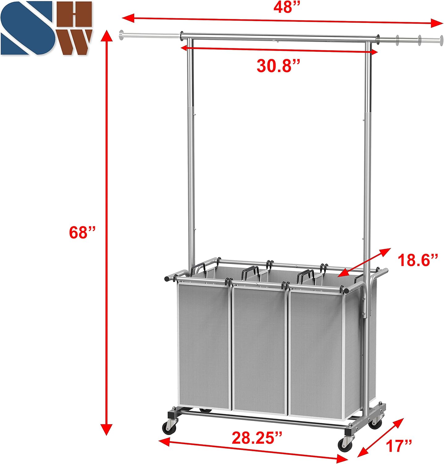 Simple Houseware 3 Bags Laundry Sorter with Extensible Clothes Hanging Rod - Fredblissful