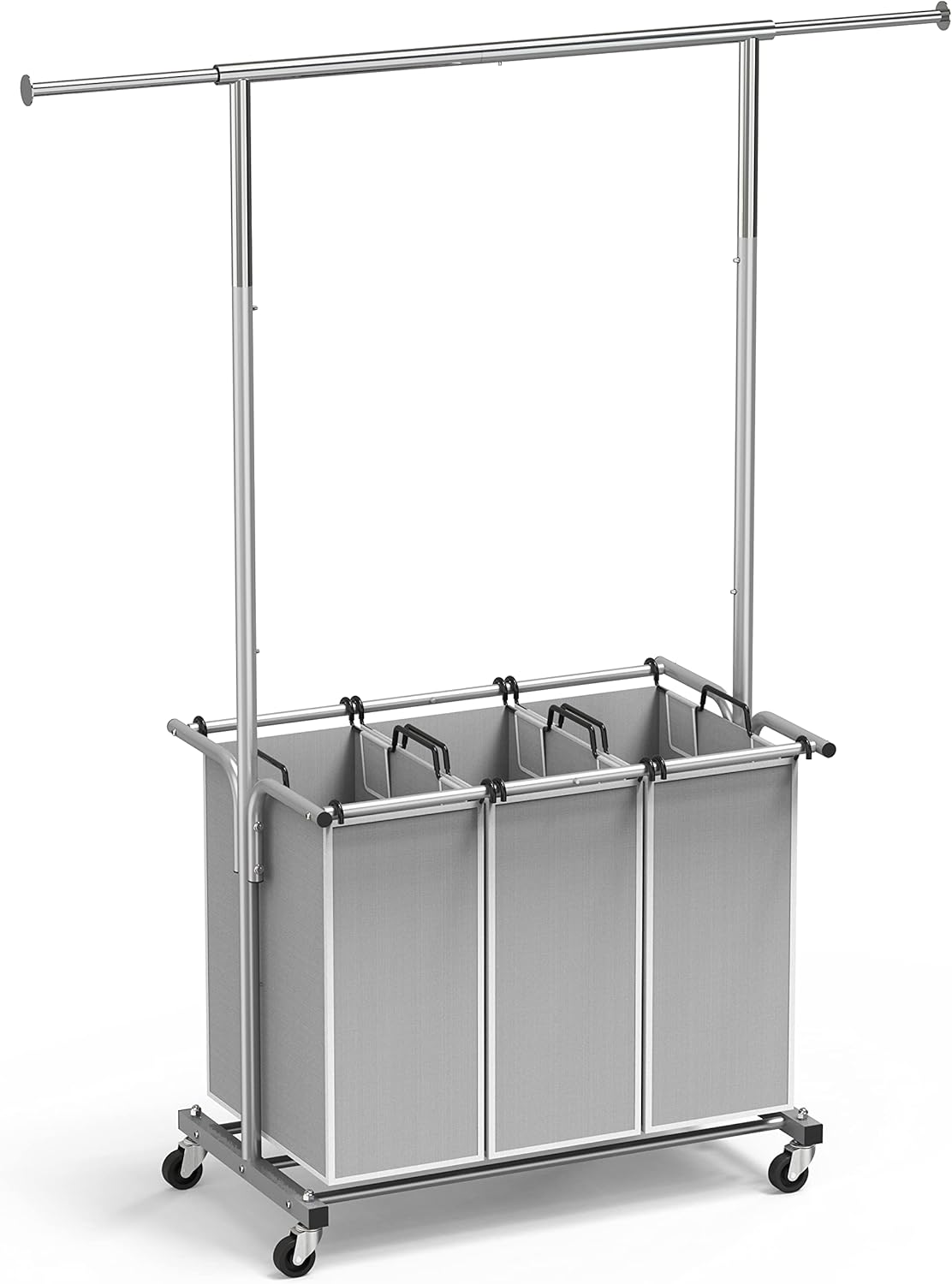 Simple Houseware 3 Bags Laundry Sorter with Extensible Clothes Hanging Rod - Fredblissful