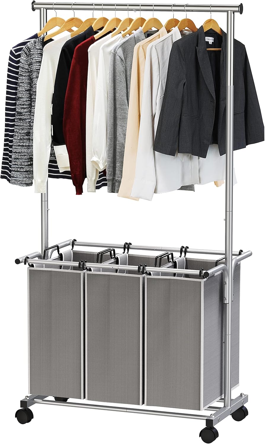 Simple Houseware 3 Bags Laundry Sorter with Extensible Clothes Hanging Rod - Fredblissful