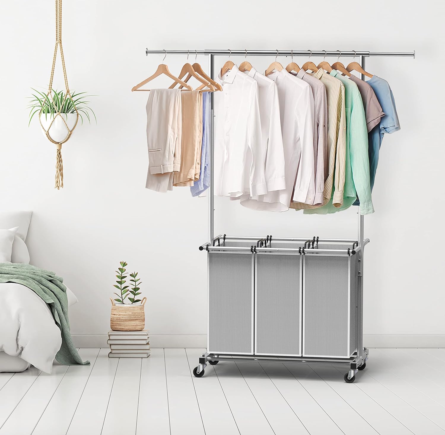 Simple Houseware 3 Bags Laundry Sorter with Extensible Clothes Hanging Rod - Fredblissful