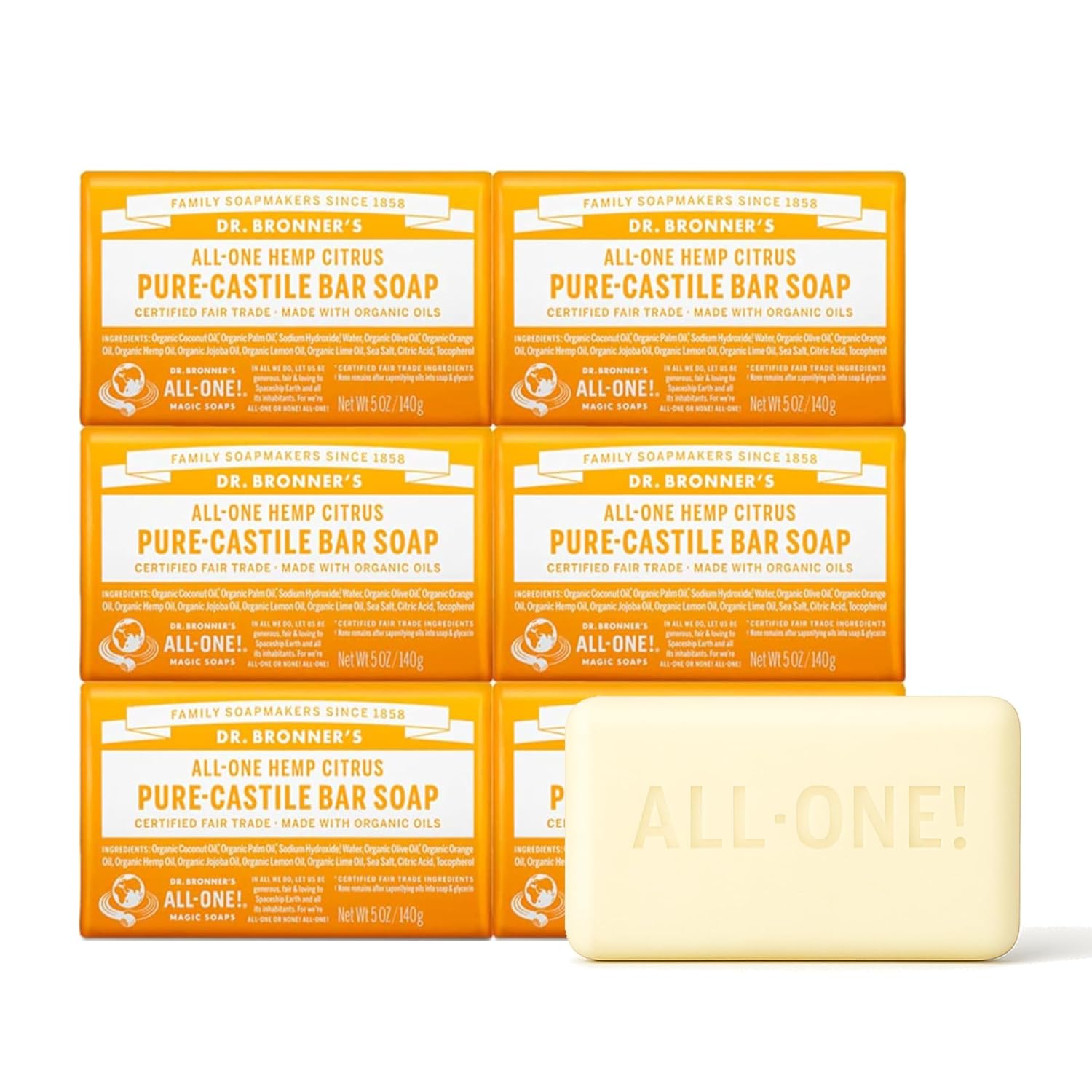 Dr. Bronner's Pure - Castile Soap Bar (Citrus, 5 oz, 6 - Pack) - Fredblissful