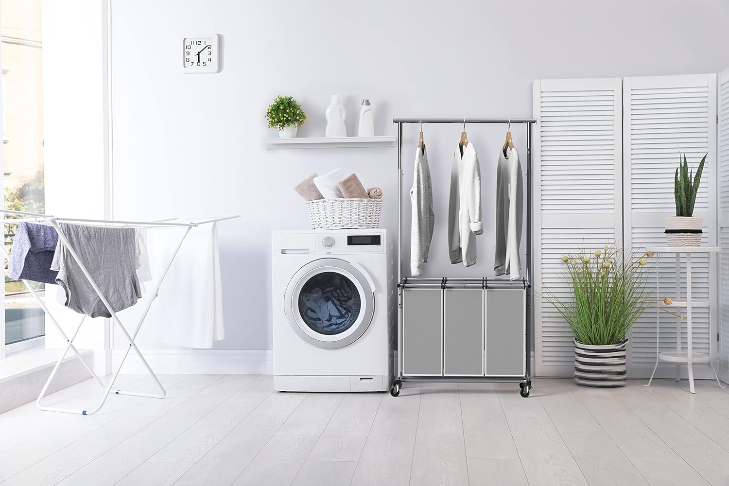 Simple Houseware 3 Bags Laundry Sorter with Extensible Clothes Hanging Rod - Fredblissful